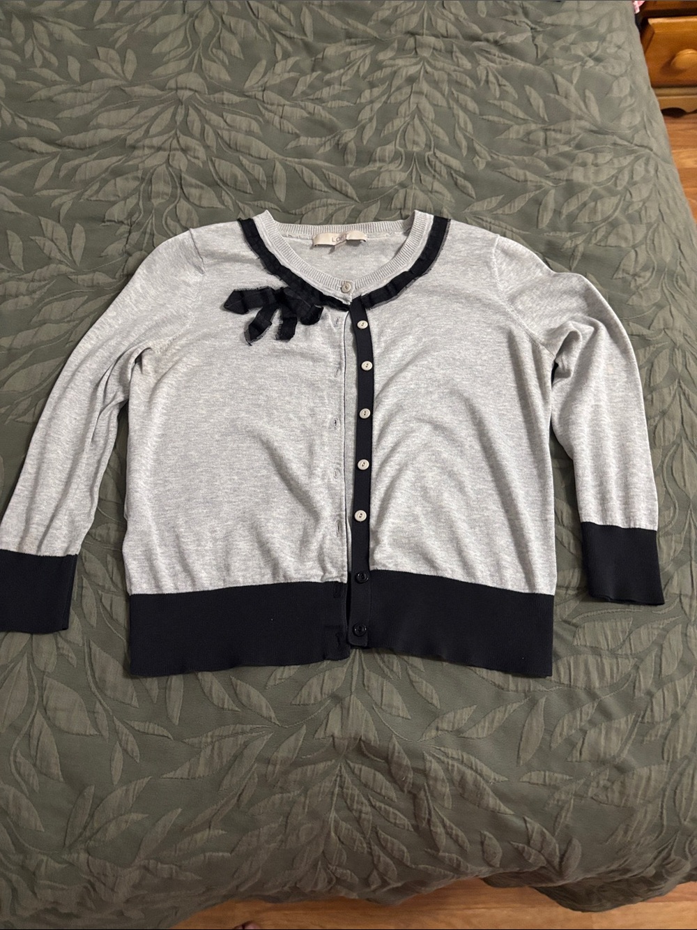 LOFT Light Gray and Black Trim Button Cardigan with Bow